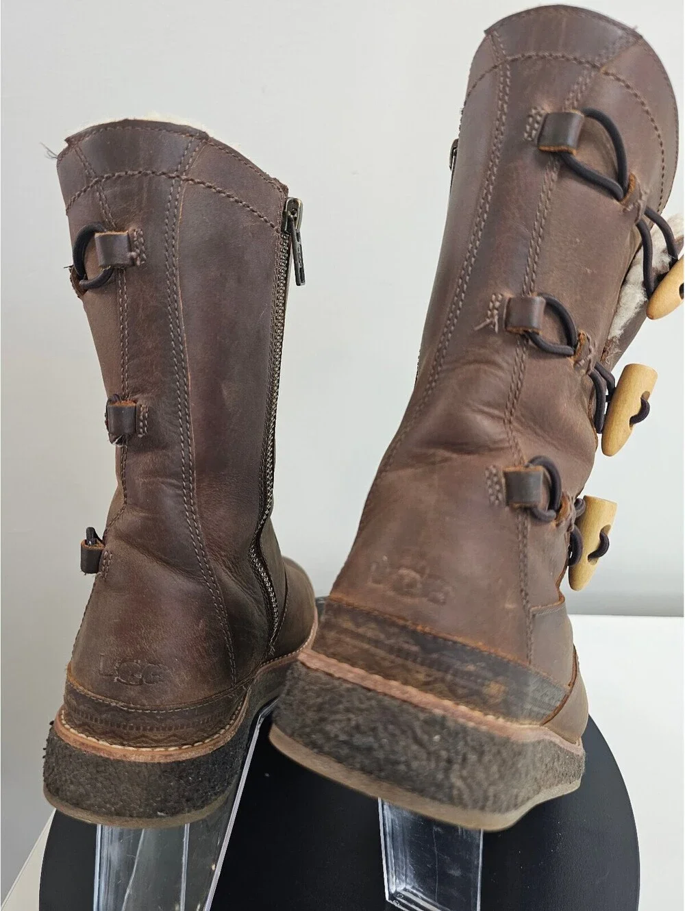 UGG Vintage Brown Leather Shearling Lined Boots with Toggles